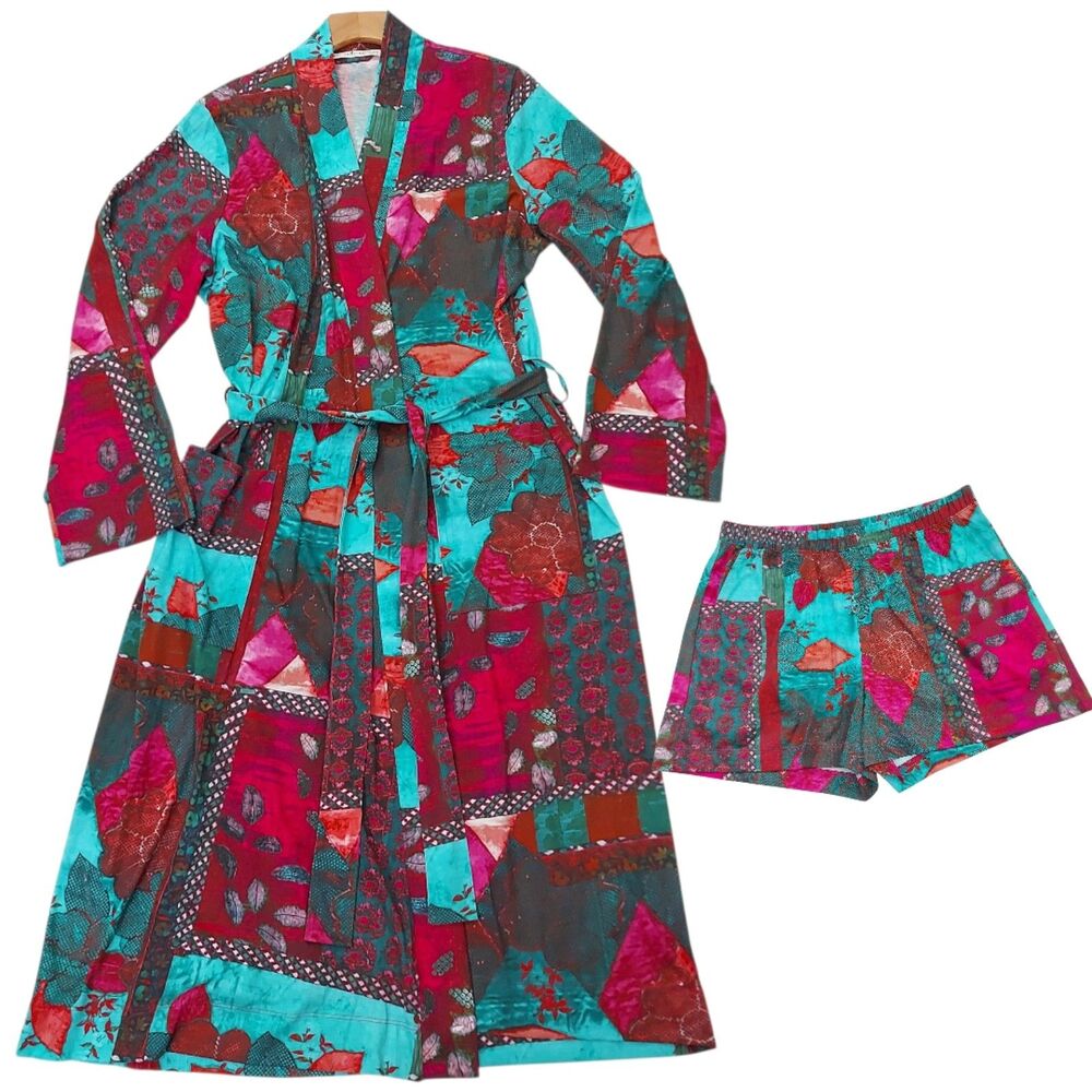 Peruvian Connection Plum Blossom Robe Short Womens Medium Pima Cotton Sleepwear